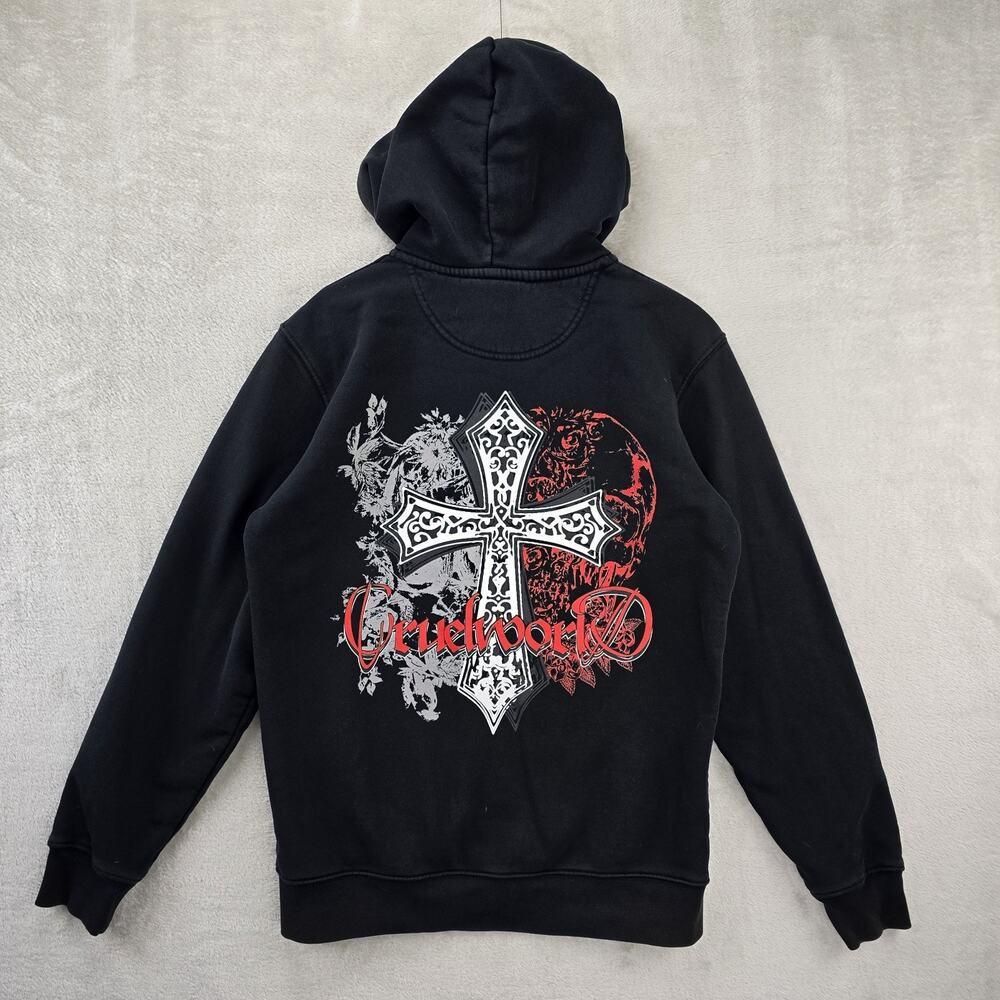 Cruel World Zip Up Hoodie Mens Small Black Cross Y2K Sweatshirt Goth Grunge - Picture 12 of 15
